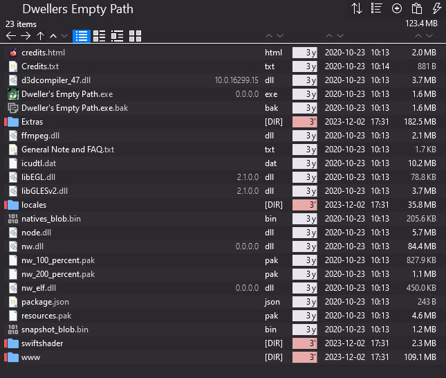 Screenshot of Dweller's Empty Path's install directory, on Windows using OneCommander