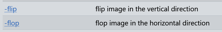 -flip flip image in the vertical direction
-flop flop image in the horizontal direction
